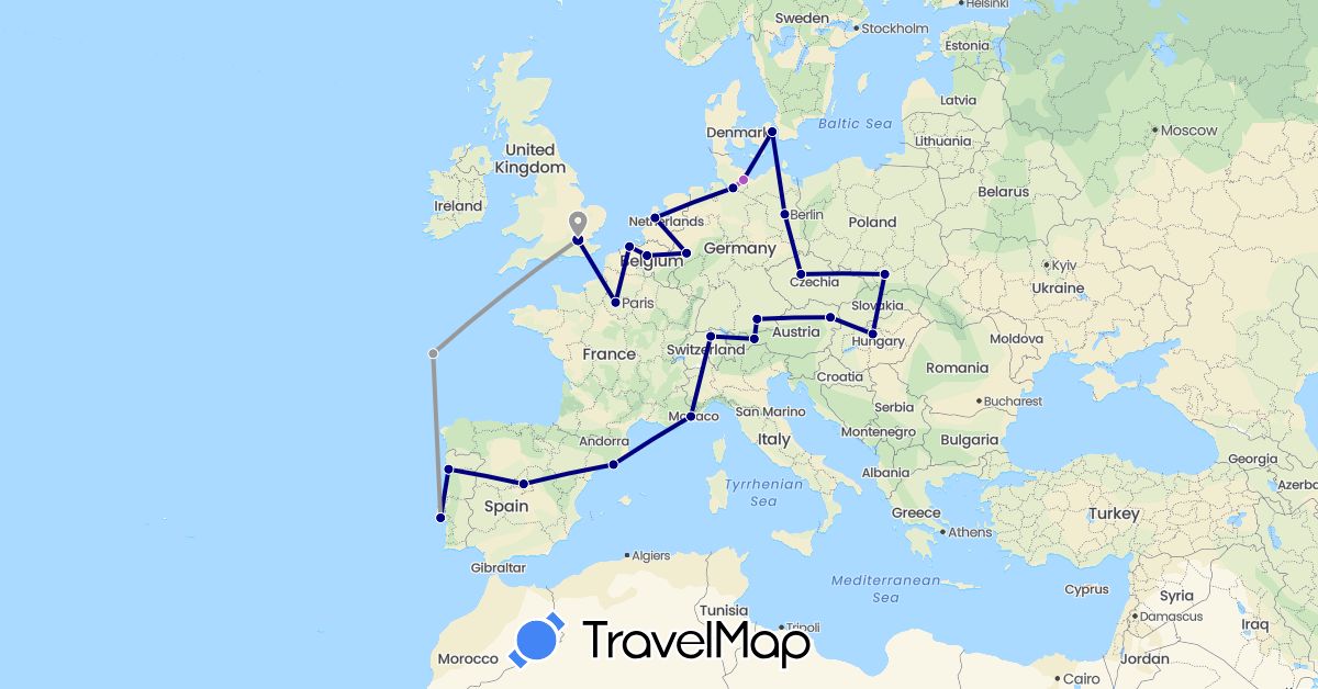 TravelMap itinerary: driving, plane, train in Austria, Belgium, Switzerland, Czech Republic, Germany, Denmark, Spain, France, United Kingdom, Hungary, Netherlands, Poland, Portugal (Europe)