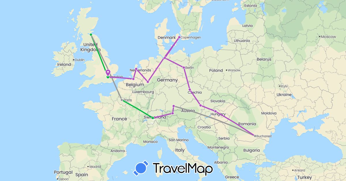 TravelMap itinerary: driving, bus, plane, train in Austria, Belgium, Switzerland, Czech Republic, Germany, Denmark, France, United Kingdom, Hungary, Netherlands, Romania (Europe)