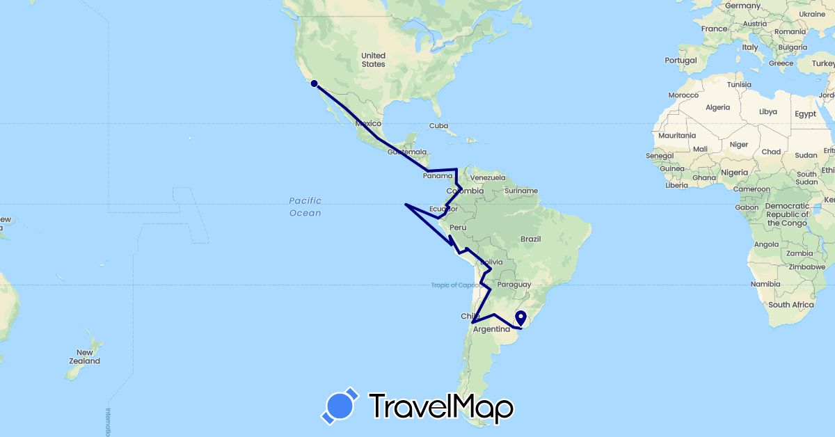 TravelMap itinerary: driving in Argentina, Bolivia, Chile, Colombia, Costa Rica, Ecuador, Mexico, Peru, United States, Uruguay (North America, South America)